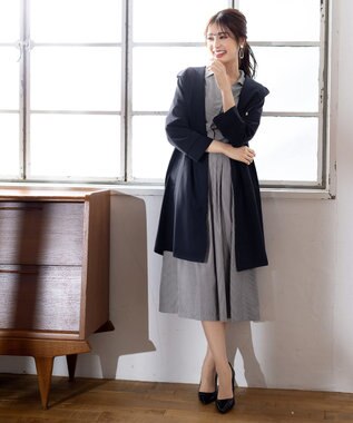 Tiaclasse L 【洗える】小顔効果も期待できるスキッパーシャツワンピース グレーストライプ