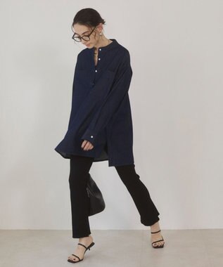 WEGO 【ANGIE VINTAGE】襟が選べる デニム チュニック シャツ （バンドカラー/レギュラーカラー） ネイビー