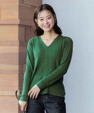 ANY 【洗える】Vネック リブニット グリーン系