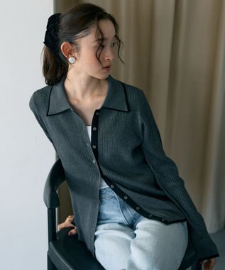 earth music&ecology バイカラートリムロングニットカーディガン Charcoal Gray