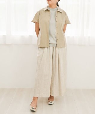 muuc 〈ドライタッチな上質コットン100%〉〈タイプライター生地〉後ろギャザー入り フレンチスリーブのブラウス ベージュ