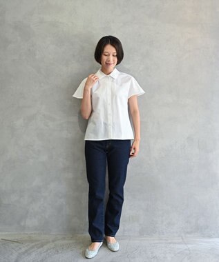 muuc 〈ドライタッチな上質コットン100%〉〈タイプライター生地〉後ろギャザー入り フレンチスリーブのブラウス ホワイト