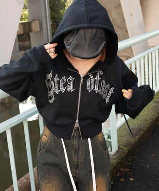 WEGO 【裏起毛】ラインストーン裏起毛ショートジップパーカー ブラック