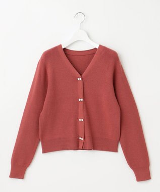 Feroux 【洗える】リボン釦 カーディガンデザインニット レッド系