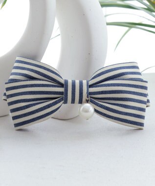 Tiaclasse ボーダーリボンバレッタ（パール付き） ネイビー