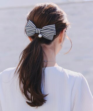 Tiaclasse ボーダーリボンバレッタ（パール付き） ネイビー