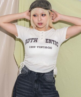 WEGO サイドギャザーヘンリーネックロゴT ホワイトアイボリー