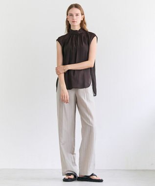 BEIGE， ERYTH / リネンストライプ タックワイドパンツ Flax × Bordeaux