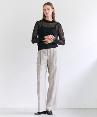 BEIGE， ERYTH / リネンストライプ タックワイドパンツ Flax × Bordeaux