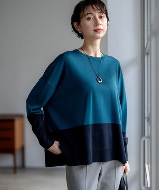 【洗える】ウーステッドウール カラーブロック ニット