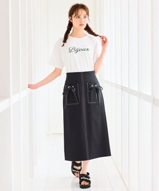 Feroux 【洗える】リボンポケット付きIライン スカート ブラック系