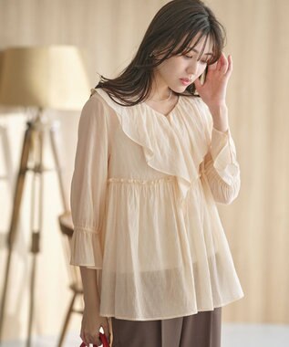 ANY SIS 【洗える】シアーヴィンテージライクラッフル ブラウス アイボリー