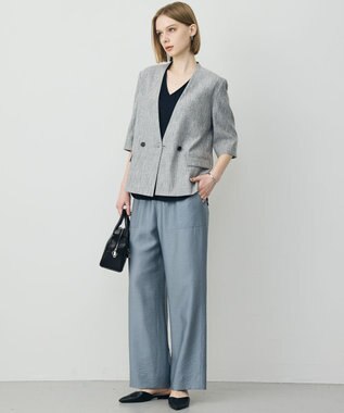 ICB L ストレッチMIXツイード 半袖ジャケット ブラックミックス