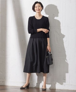 J.PRESS LADIES 【WEB限定・洗える】ニット コンビ ワンピース ブラック系