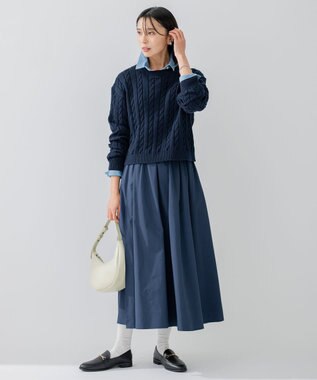 23区 L 【洗える】コンパクトコットンポリエステル ケーブル編み ニット ネイビー系