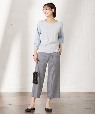 J.PRESS LADIES L コンビジャージー ギャザースリーブ カットソー サックスブルー系