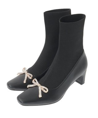 Maison de FLEUR リボンビジューニットブーツ Black