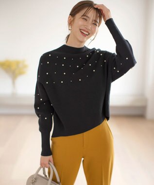 ANY SIS 【洗える】パール調ディテール ニット ブラック