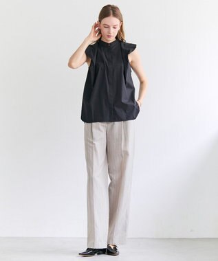 BEIGE， ERYTH / リネンストライプ タックワイドパンツ Flax × Bordeaux