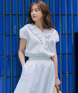  【一部店舗限定/洗える】ハイカウントウェザーストレッチ フリル ブラウス
