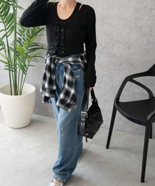 WEGO レイヤードレースアップ長袖トップス ブラック