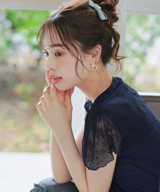 Tiaclasse L 【洗える】フレンチスリーブレースブラウス ネイビー