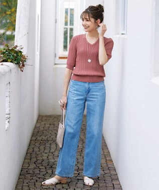 Tiaclasse L 【洗える】パフスリーブ透かし編みニットトップス ピンク