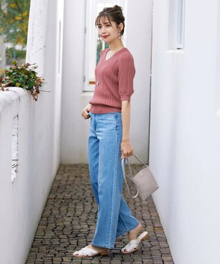 Tiaclasse L 【洗える】パフスリーブ透かし編みニットトップス ピンク