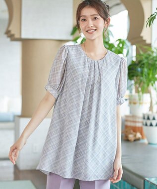 Tiaclasse シフォンチェックパフスリーブチュニック