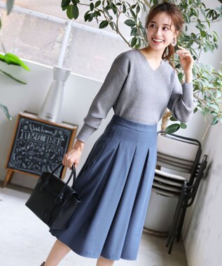 Tiaclasse 大人上品なウール調タックフレアスカート ブルー