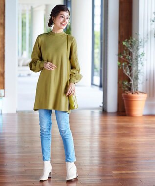 Tiaclasse 【洗える】袖ケーブルニットチュニック ライム