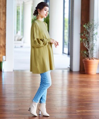 Tiaclasse 【洗える】袖ケーブルニットチュニック ライム