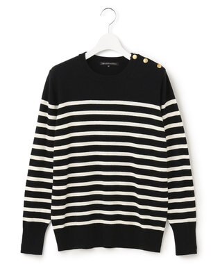 23区 L 【CLASSY.12月号掲載】セミウーステッドウール 肩ボタン ボーダー ニット  ブラック×オフホワイトボーダー