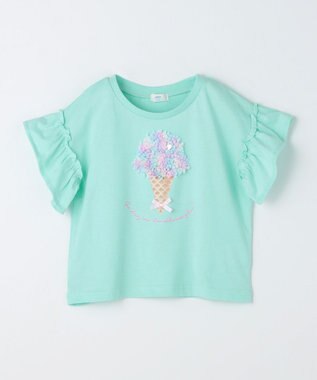 ANY KIDS 【綿100%】ひんやり フリル袖 もしゃもしゃTシャツ ミント×アイス