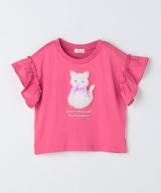 ANY KIDS 【綿100%】ひんやり フリル袖 もしゃもしゃTシャツ ピンク×ネコ