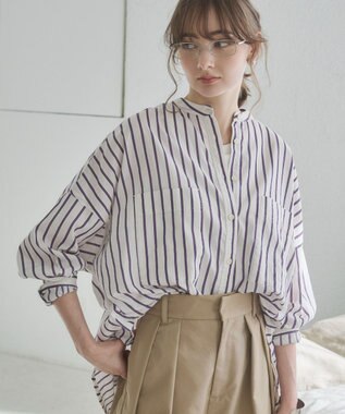 WEGO 着丈が選べる オーバーサイズ バンドカラー シャツ / ストライプ / 無地 柄3