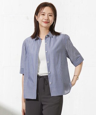  【洗える】ウォッシャブルストライプ シャツカラー ブラウス