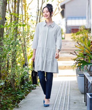 Tiaclasse L 【洗える】1枚で大人華やぐ2段ティアードシャツチュニック グレーストライプ