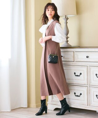 Feroux 【洗える】バイカラートリム ジャンパースカート ダークブラウン系