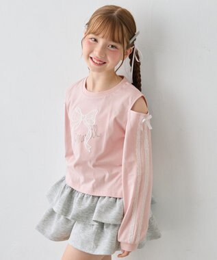 ANY KIDS 肩開きライン入り リボン長袖Tシャツ