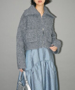 Green Parks フロントジップビックカラーニットブルゾン Gray