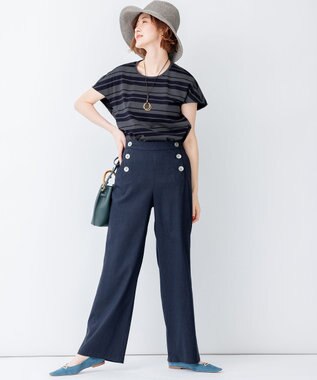 23区 S 【洗える】ランダムボーダー クルーネック カットソー カーキ×ネイビー