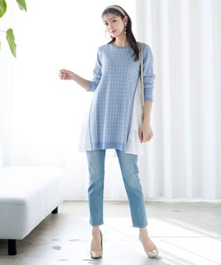 Tiaclasse 【洗える】ツイード2段フレアチュニックブラウス サックス