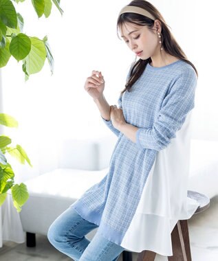 Tiaclasse 【洗える】ツイード2段フレアチュニックブラウス サックス