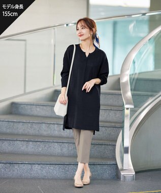 Tiaclasse L 【洗える】キーネックニットチュニック ブラック