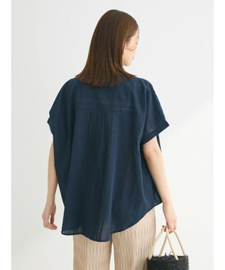 Green Parks インド綿  バンドカラーデザイン５分袖シャツ Dark Navy