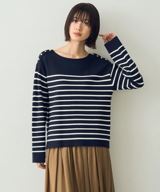 YECCA VECCA ミラノリブ金釦ニット Border Navy
