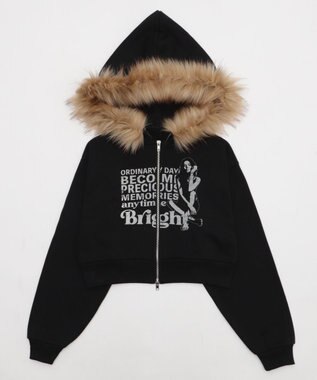 WEGO ファーフードショートZIPパーカー ブラック