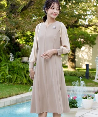 Tiaclasse L 【ストレッチジョーゼット】 シフォン袖ワンピース グレージュ