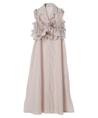 earth music&ecology ＳＥＴ２点シャーリングビスチェ×シャツワンピース Stripe Beige